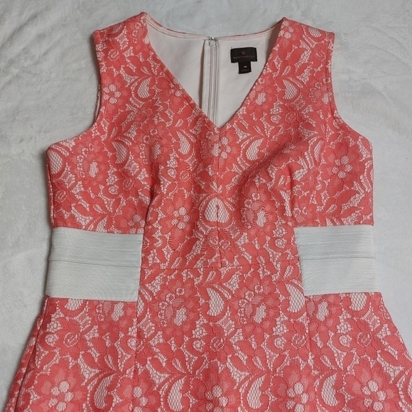 𝅺Worthington Womens V-neck Pink And White Knee Length Cocktail Lace Dress Sz 10 - Picture 2 of 7